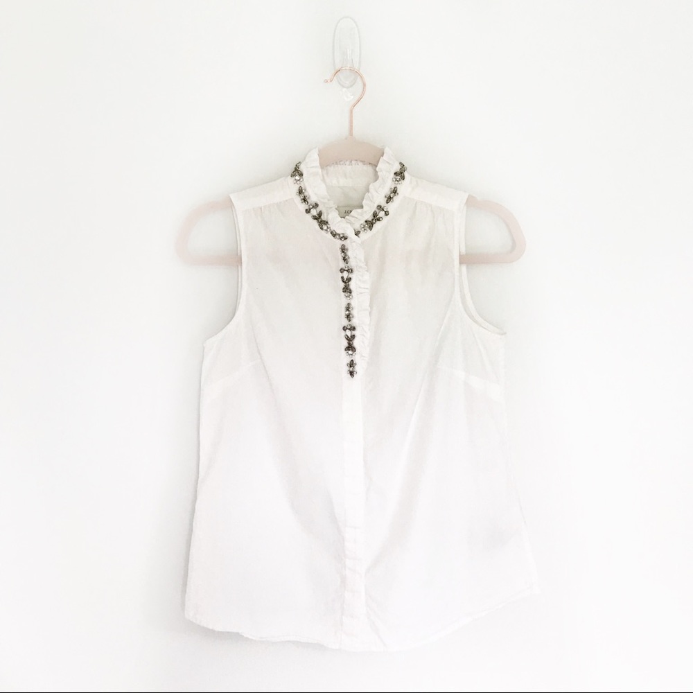 J. Crew White Ruffled Rhinestone Sleeveless Top